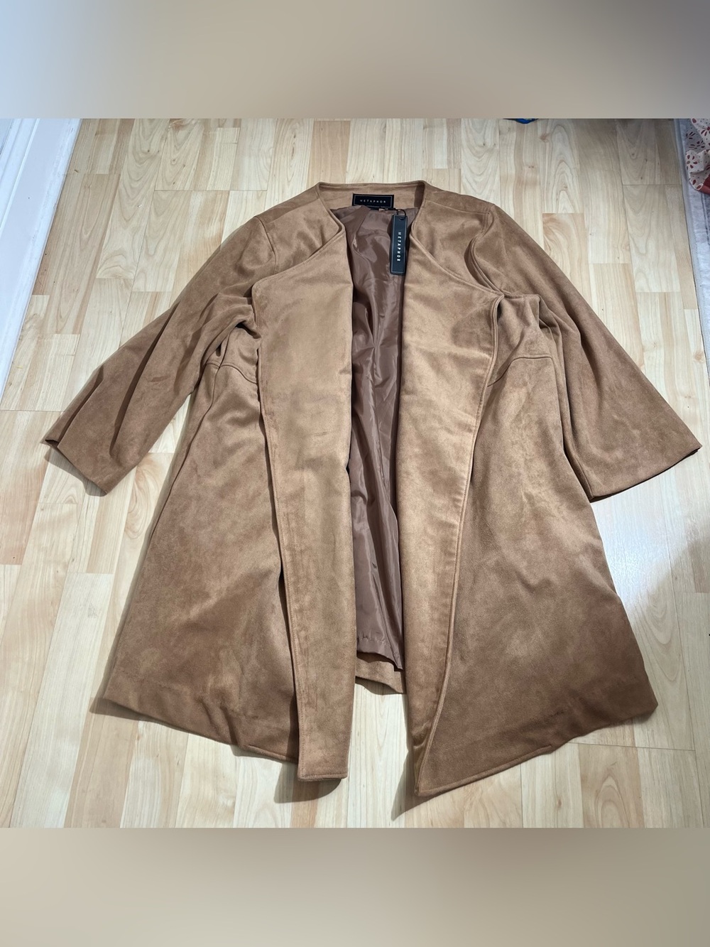 Metaphor brand open-front jacket is a tan beige faux suede swing coat NWT Large